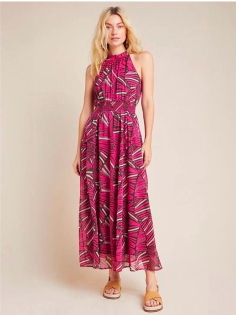 Maeve Fuchsia Pink & Black Patterned Maxi Dress